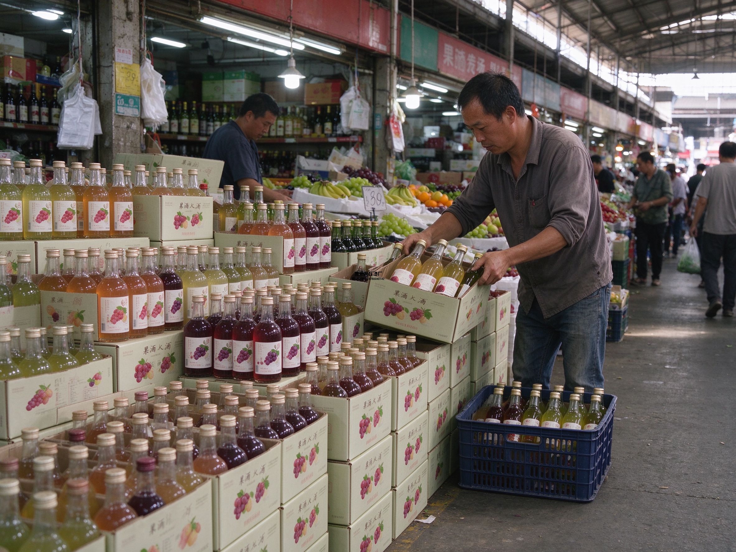 批发市场果酒档口整箱补货